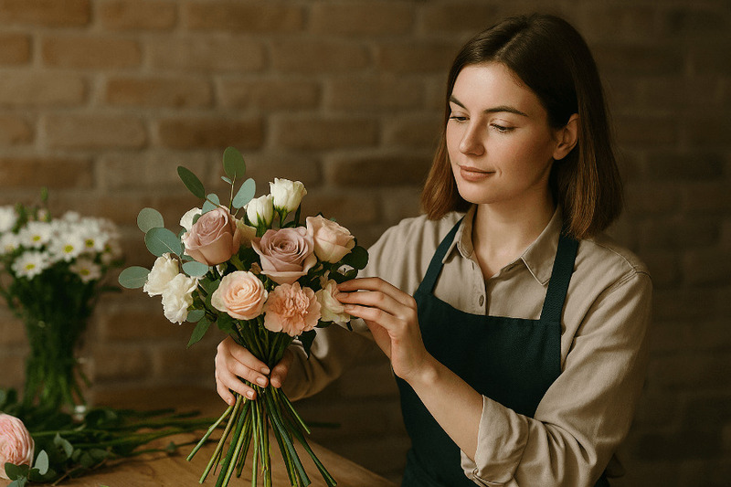 Флорист подбирает цветы по форме, цвету, текстуре